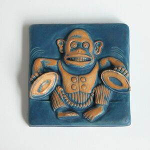 Toy Monkey w/ Cymbals 6"x6" Stoneware Tile Wall Art